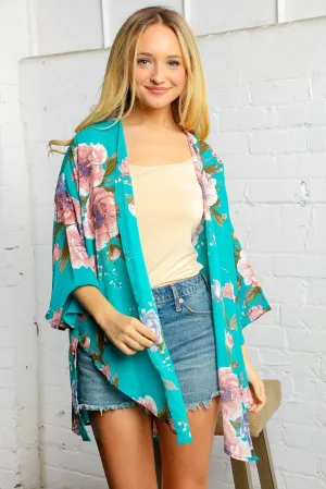 Teal Flower Printed Kimono Jacket