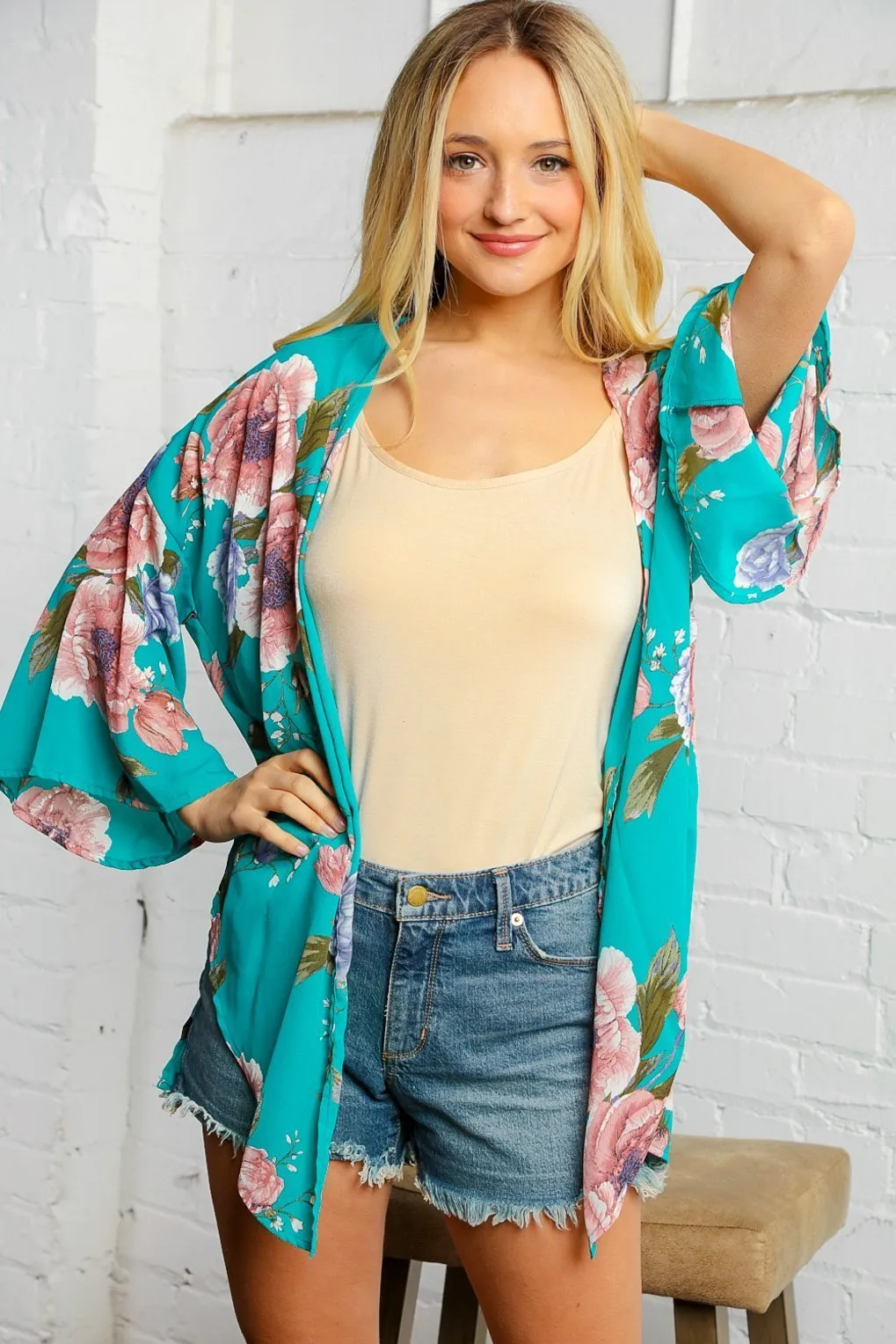 Teal Flower Printed Kimono Jacket