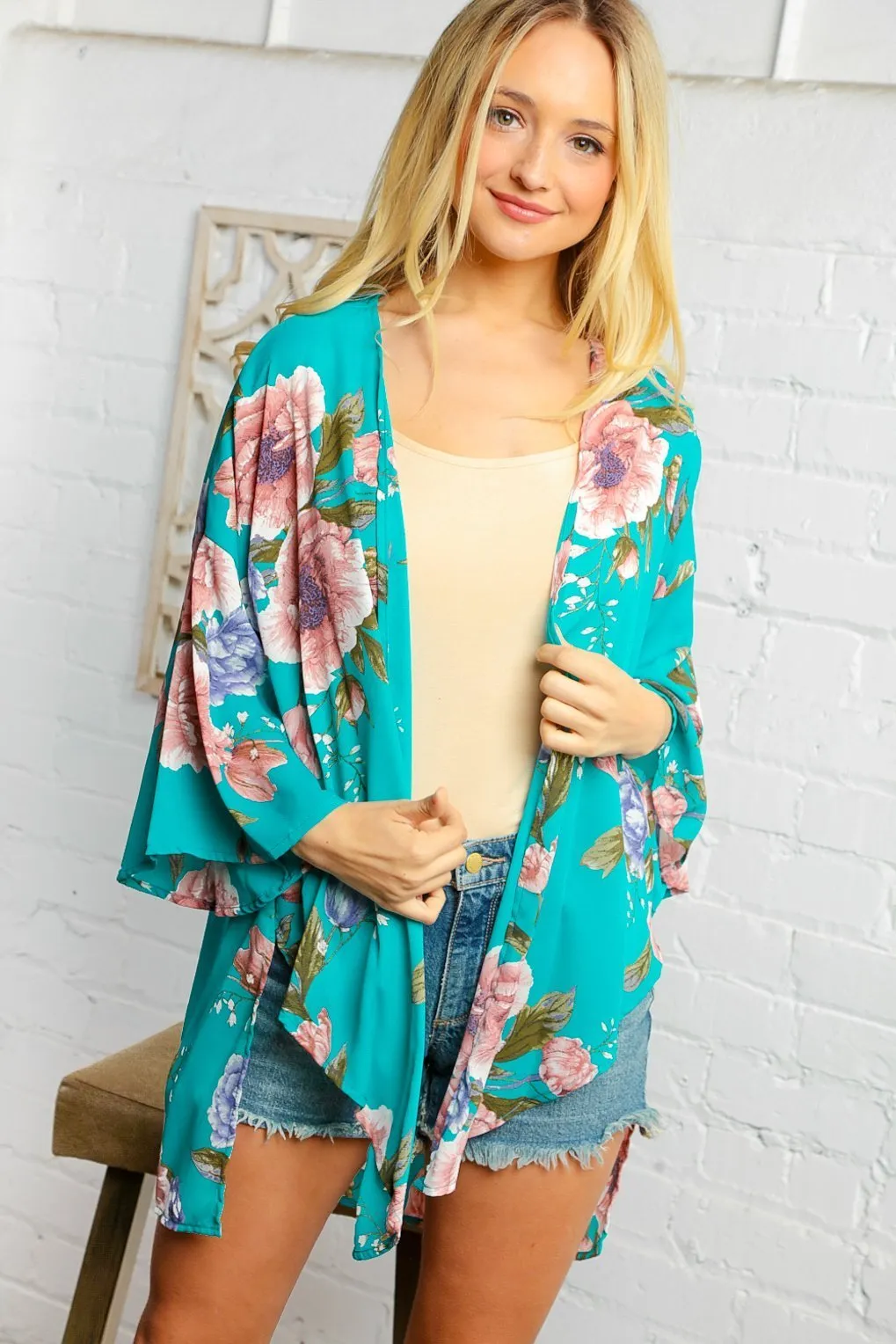 Teal Flower Printed Kimono Jacket