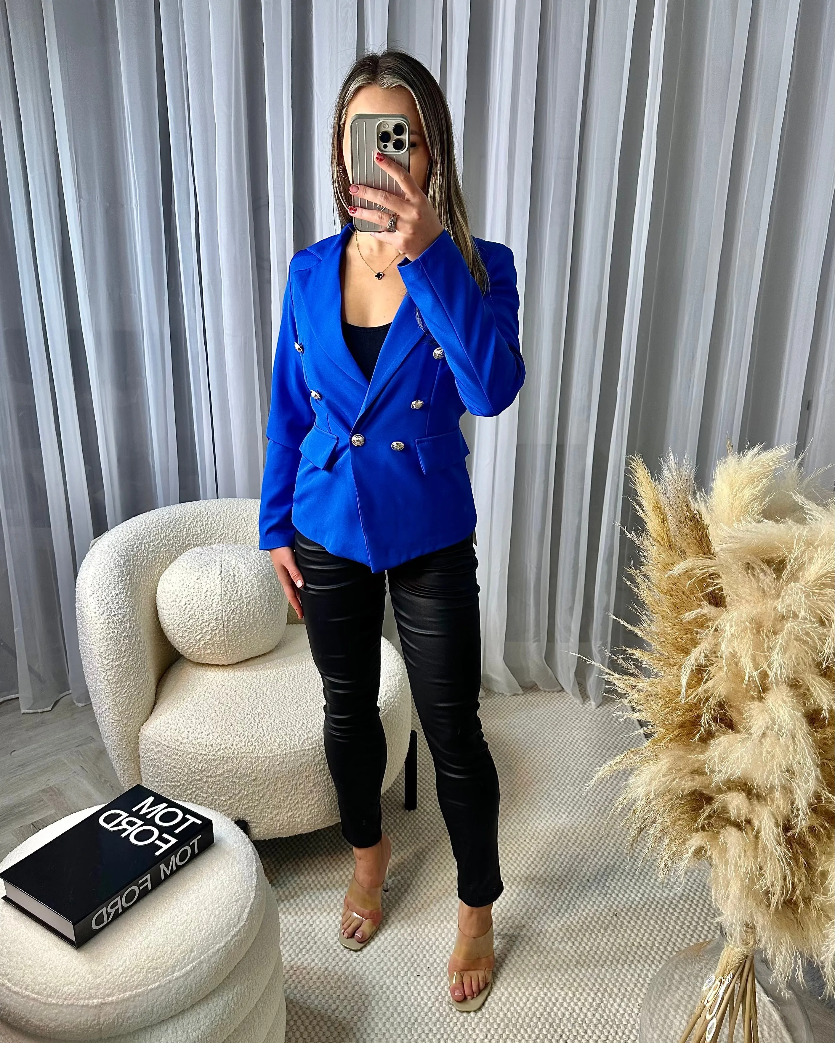 Thea Fitted Gold Button Blazer - Royal Blue