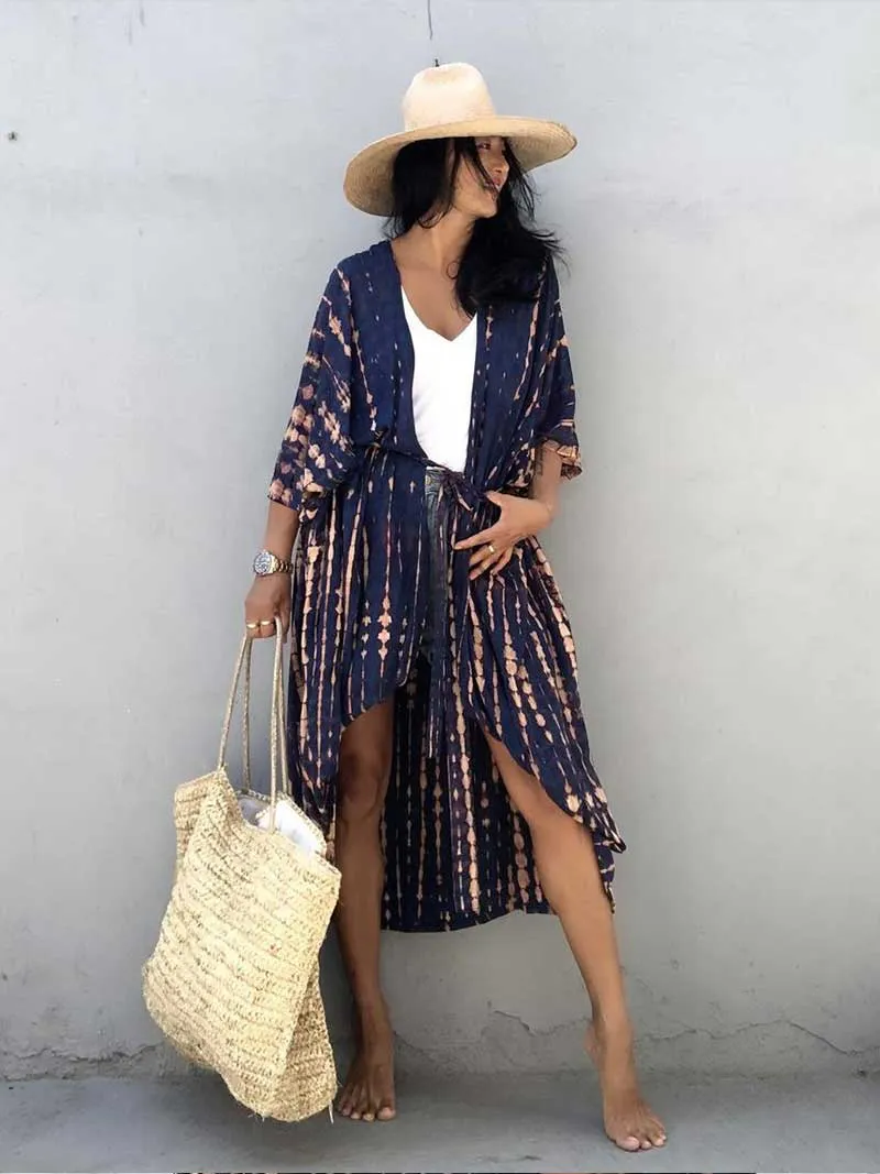 Tie-Dye Print Different Colors Rayon Long Length Gown Kimono Duster Robe