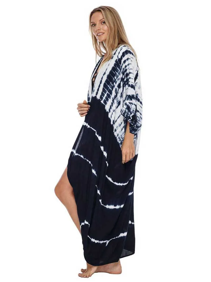 Tie-Dye Print Different Colors Rayon Long Length Gown Kimono Duster Robe