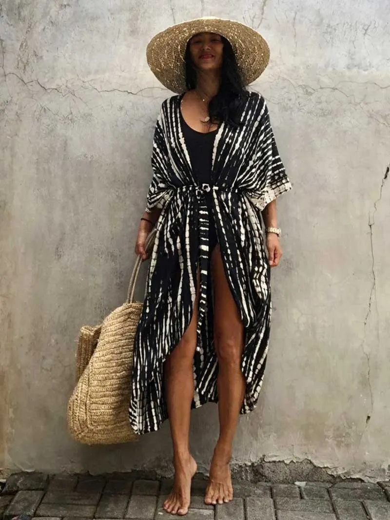 Tie-Dye Print Different Colors Rayon Long Length Gown Kimono Duster Robe