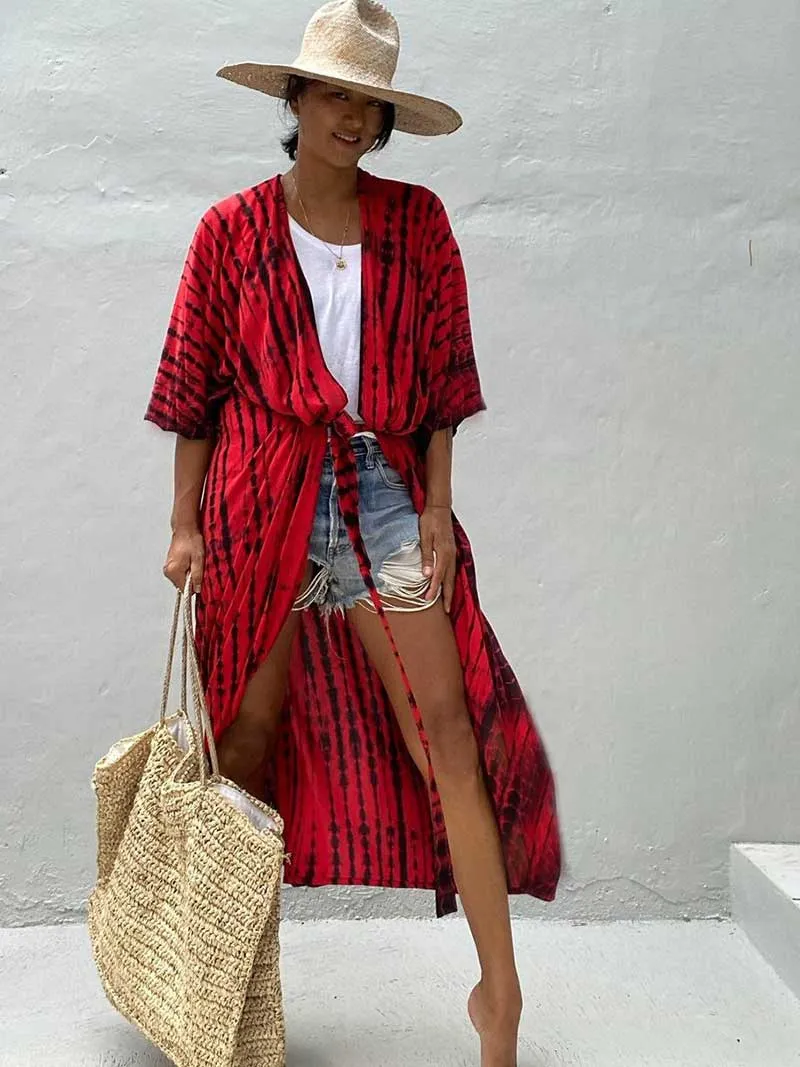 Tie-Dye Print Different Colors Rayon Long Length Gown Kimono Duster Robe