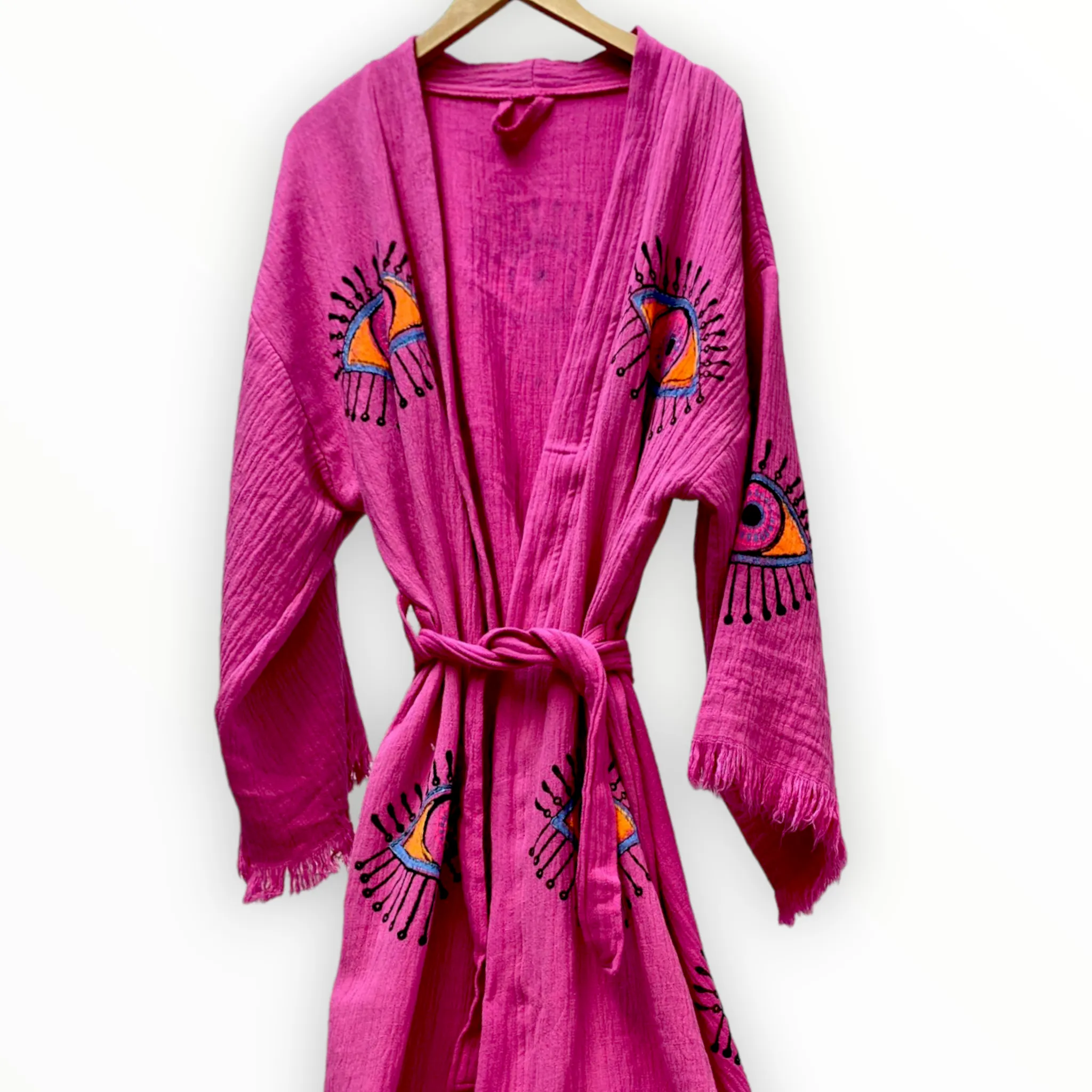 Turkish Towel Kimono Kaftan Bathrobe Evil Eye Fushia