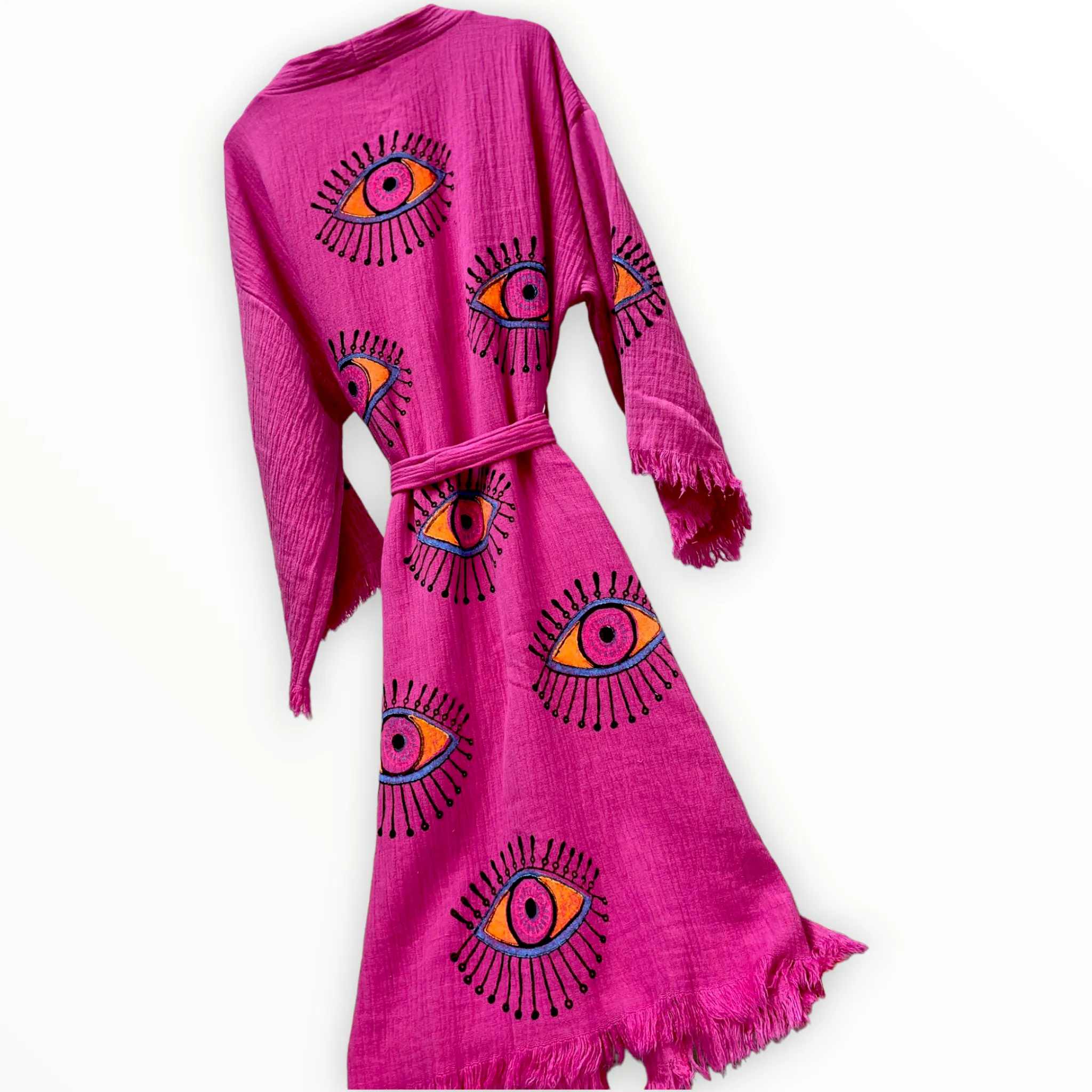 Turkish Towel Kimono Kaftan Bathrobe Evil Eye Fushia