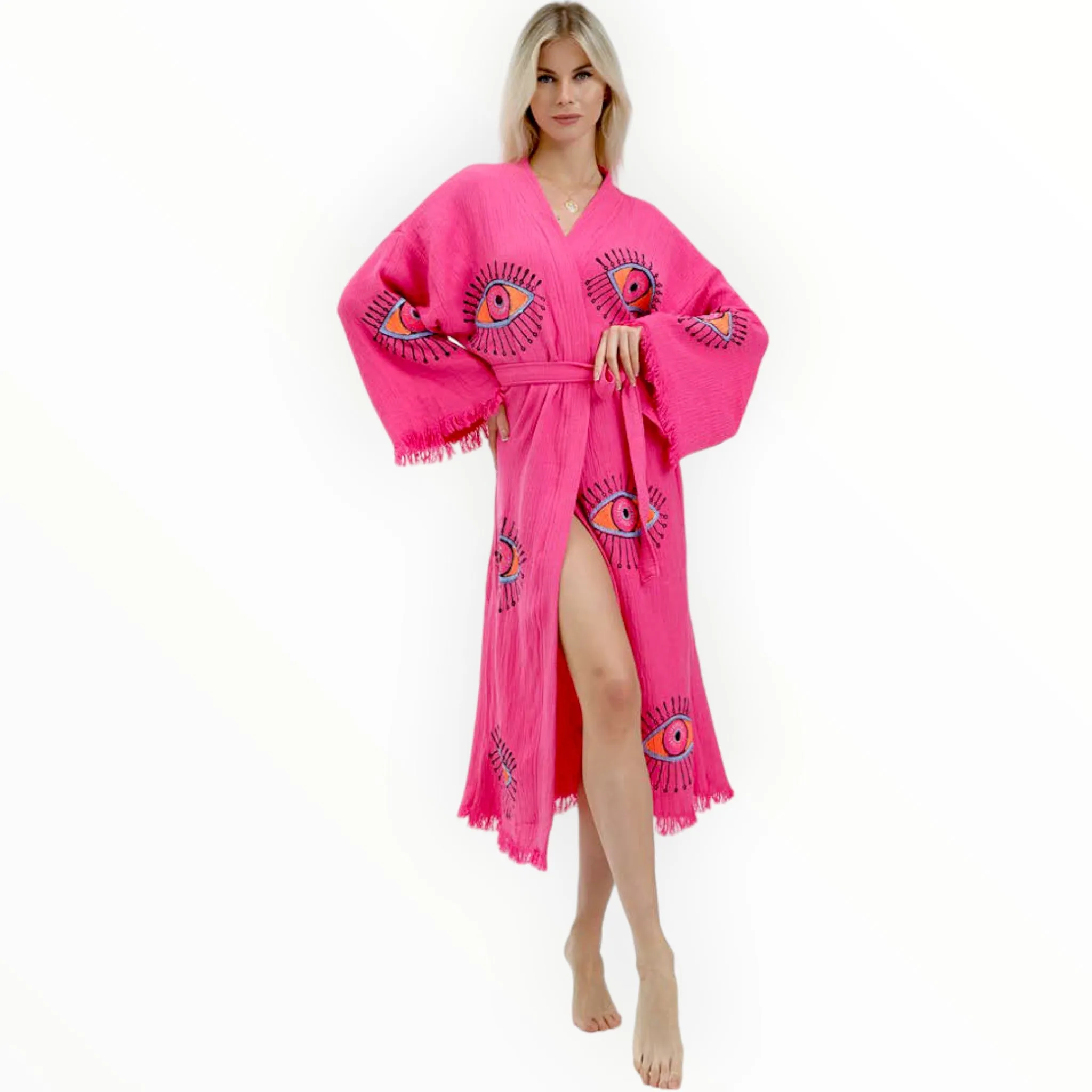 Turkish Towel Kimono Kaftan Bathrobe Evil Eye Fushia