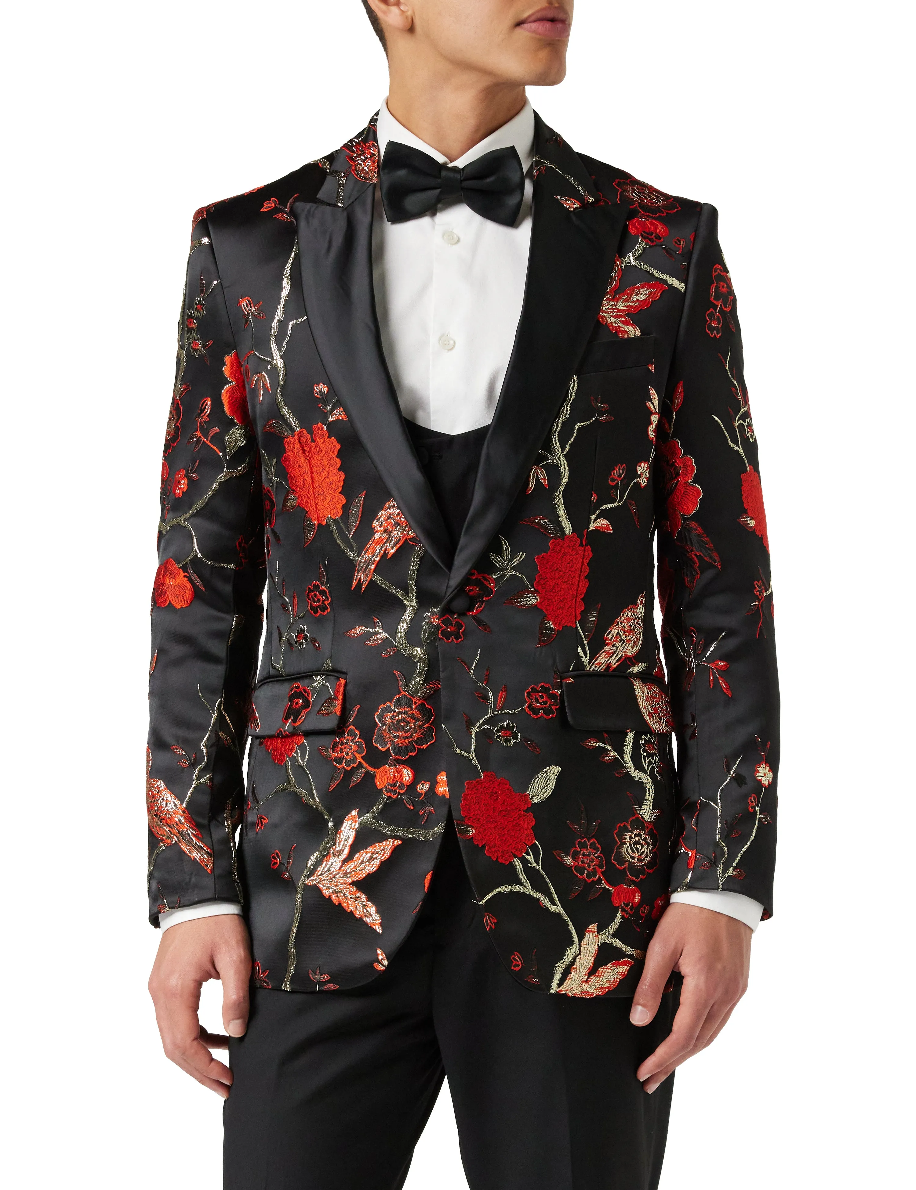 TUXEDO BLACK RED FLORAL BLAZER