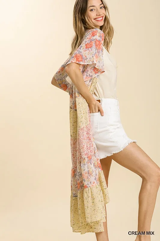 Umgee Sheer Tiered Open Kimono - Cream Mix