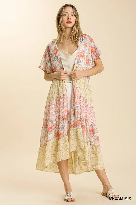 Umgee Sheer Tiered Open Kimono - Cream Mix