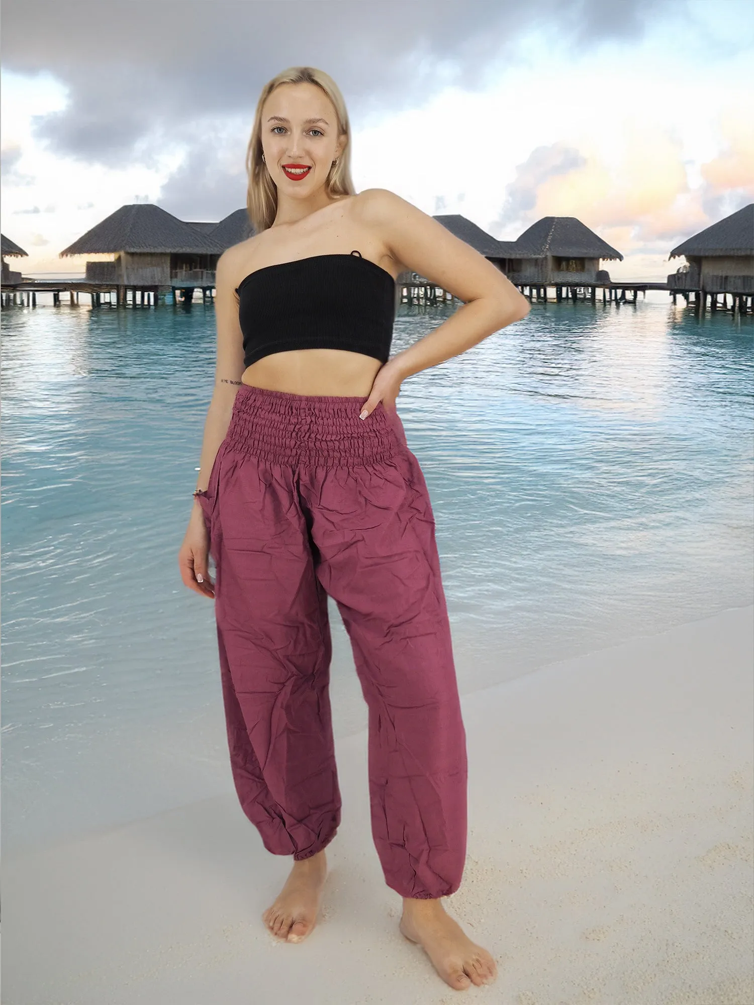 Unisex Harem Yoga Hippie Boho Pants Solid Plum Dark Pink L - XL