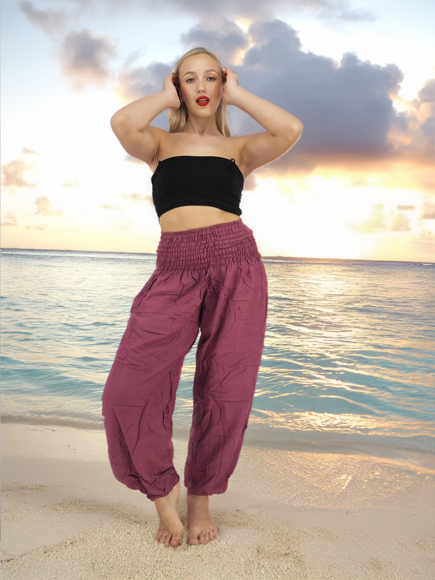 Unisex Harem Yoga Hippie Boho Pants Solid Plum Dark Pink L - XL