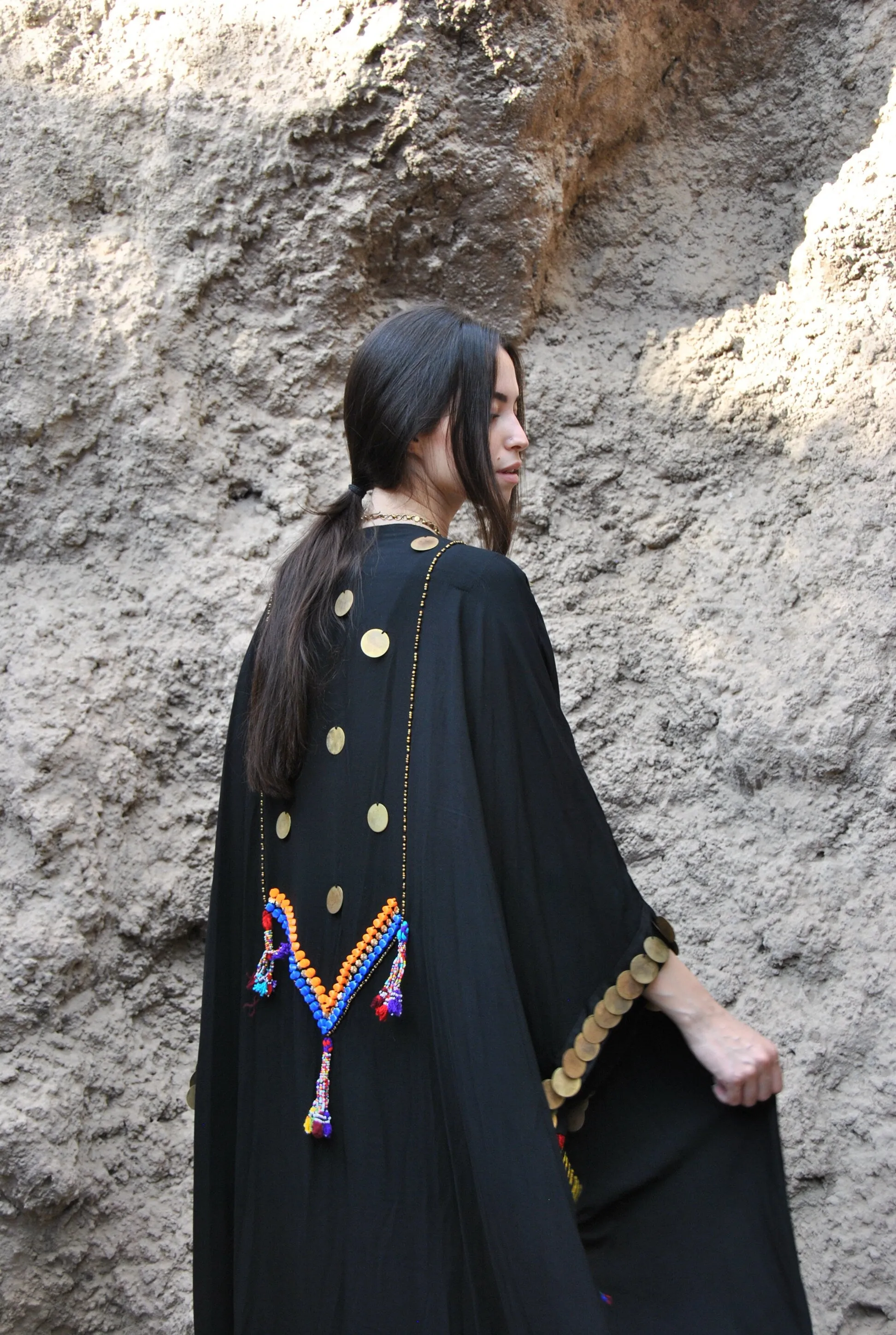 Vintage Black gypsy Cotton Kimono with hand stitched coins, festival Kimono, bohemian kimono, Hooded kimono, Light wool / cotton Kimono