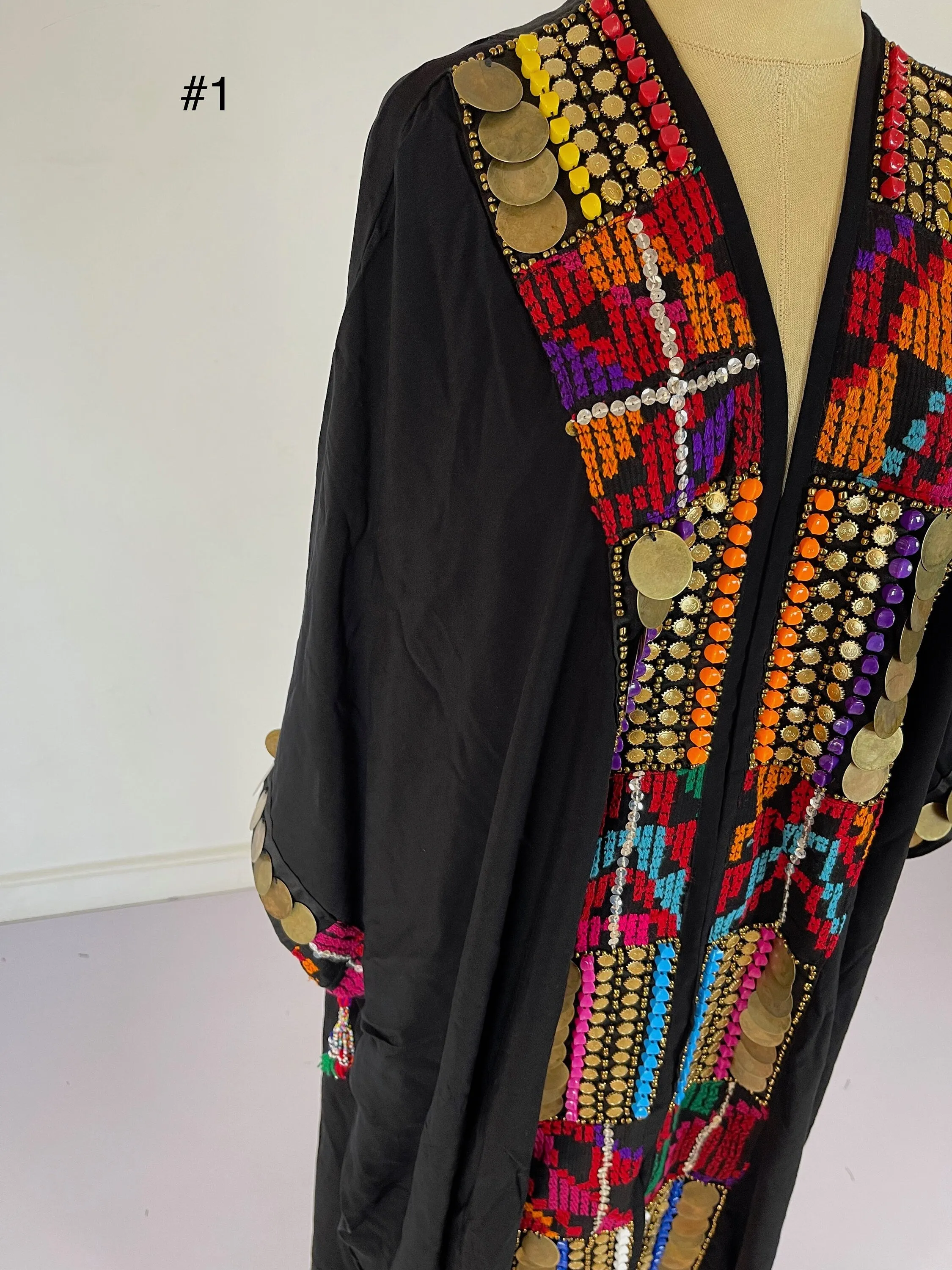 Vintage Black gypsy Cotton Kimono with hand stitched coins, festival Kimono, bohemian kimono, Hooded kimono, Light wool / cotton Kimono