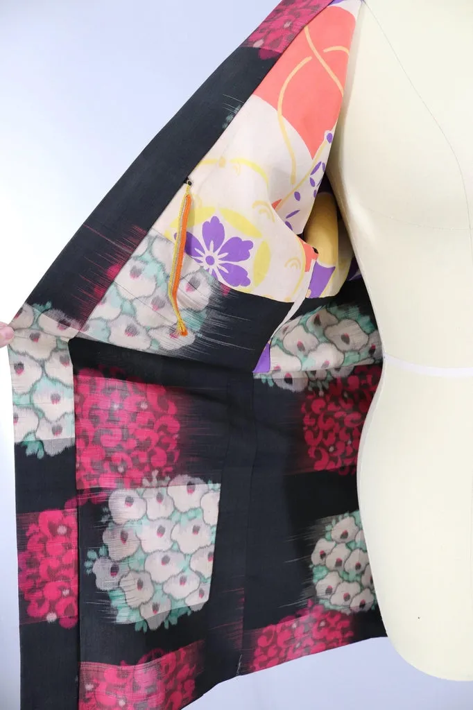 Vintage Silk Kimono Jacket / Black and Pink Floral Ikat