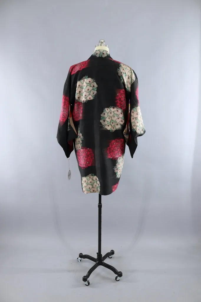 Vintage Silk Kimono Jacket / Black and Pink Floral Ikat