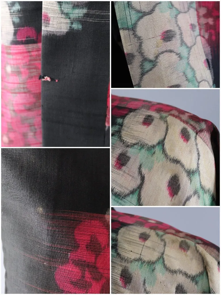 Vintage Silk Kimono Jacket / Black and Pink Floral Ikat