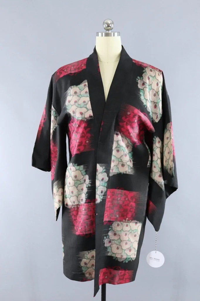 Vintage Silk Kimono Jacket / Black and Pink Floral Ikat