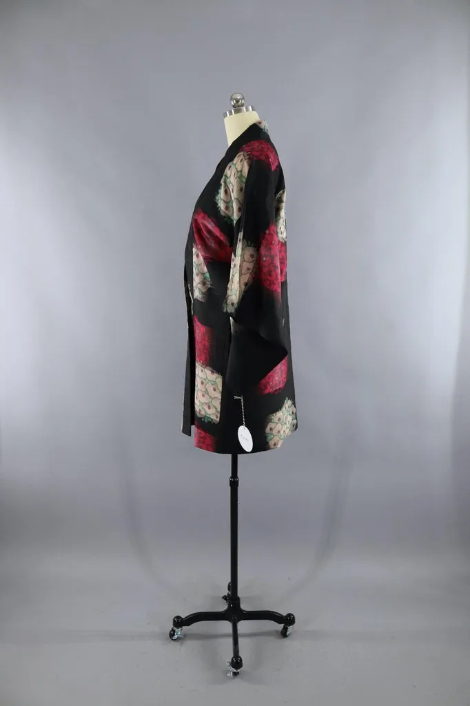 Vintage Silk Kimono Jacket / Black and Pink Floral Ikat