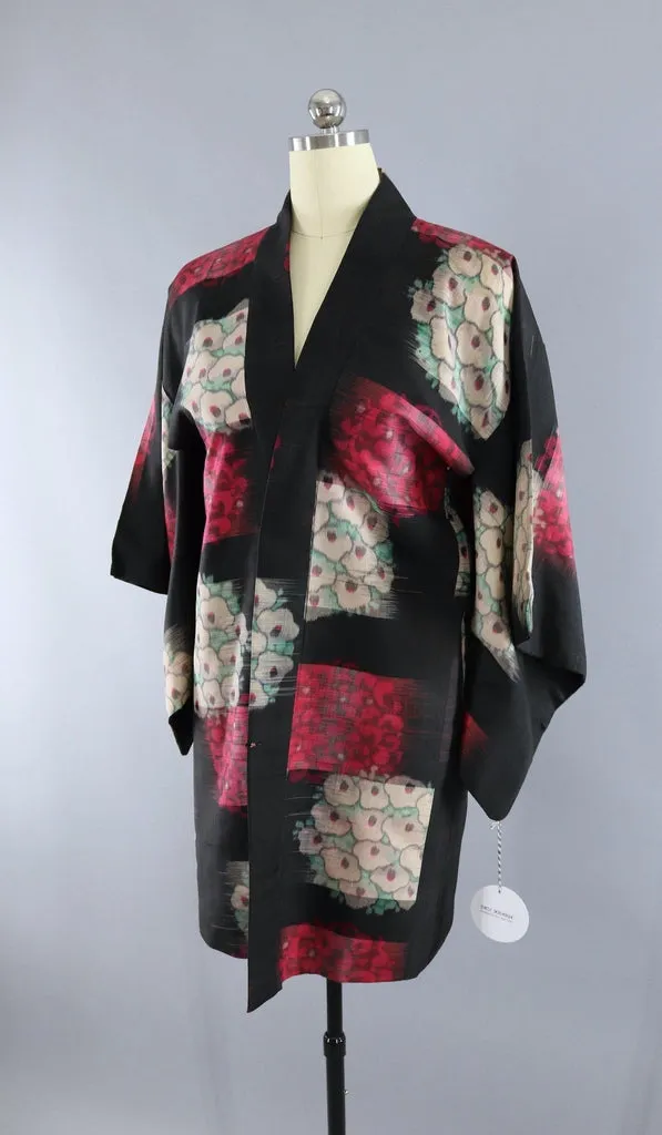 Vintage Silk Kimono Jacket / Black and Pink Floral Ikat