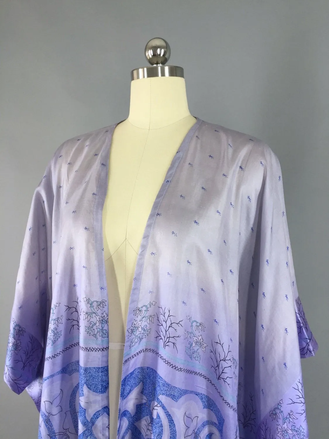 Vintage Silk Sari Kimono Cardigan / Purple Floral Print