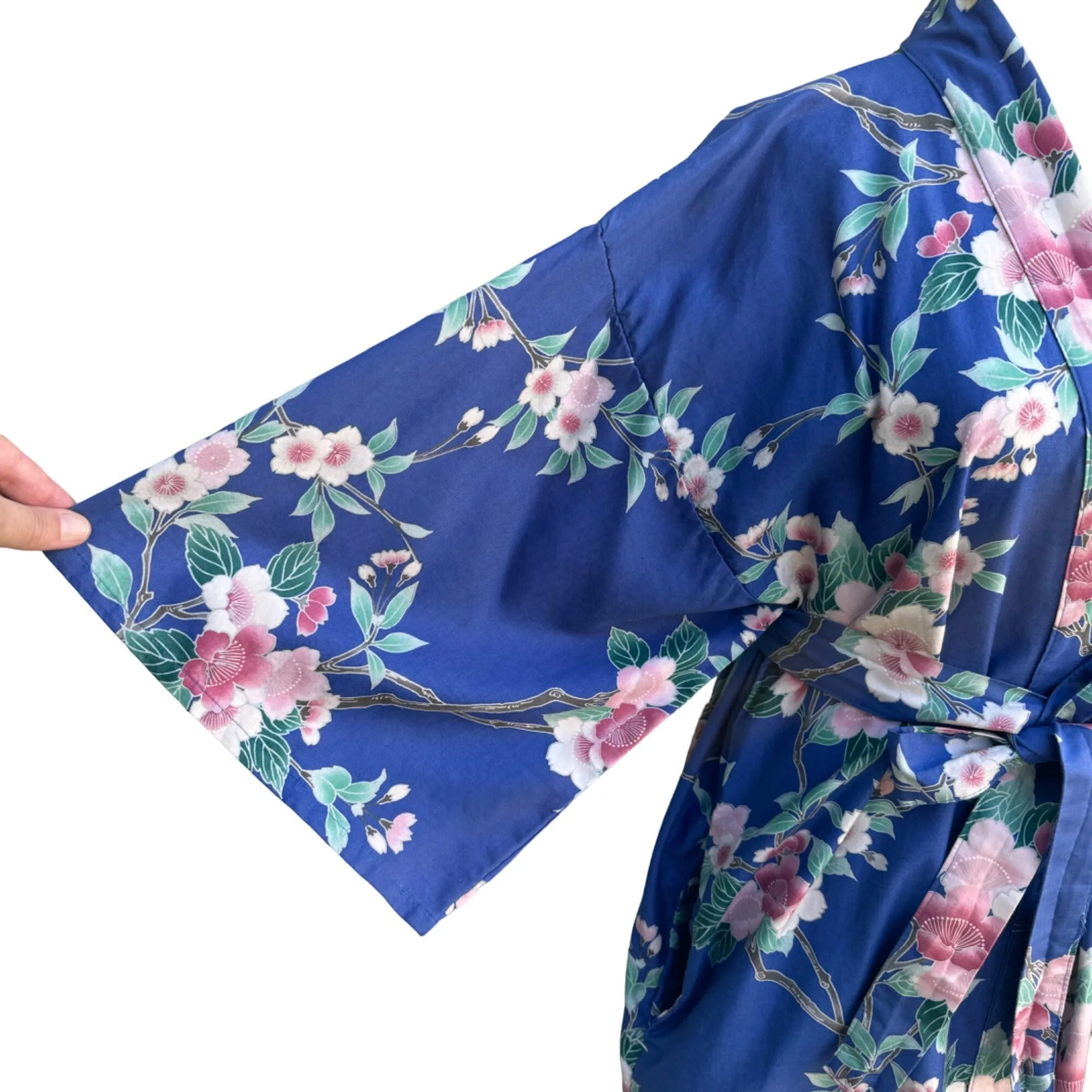 Vintage Women's Floral 3/4 Sleeves Belted Lightweight Mid Length Kimono Robe - L