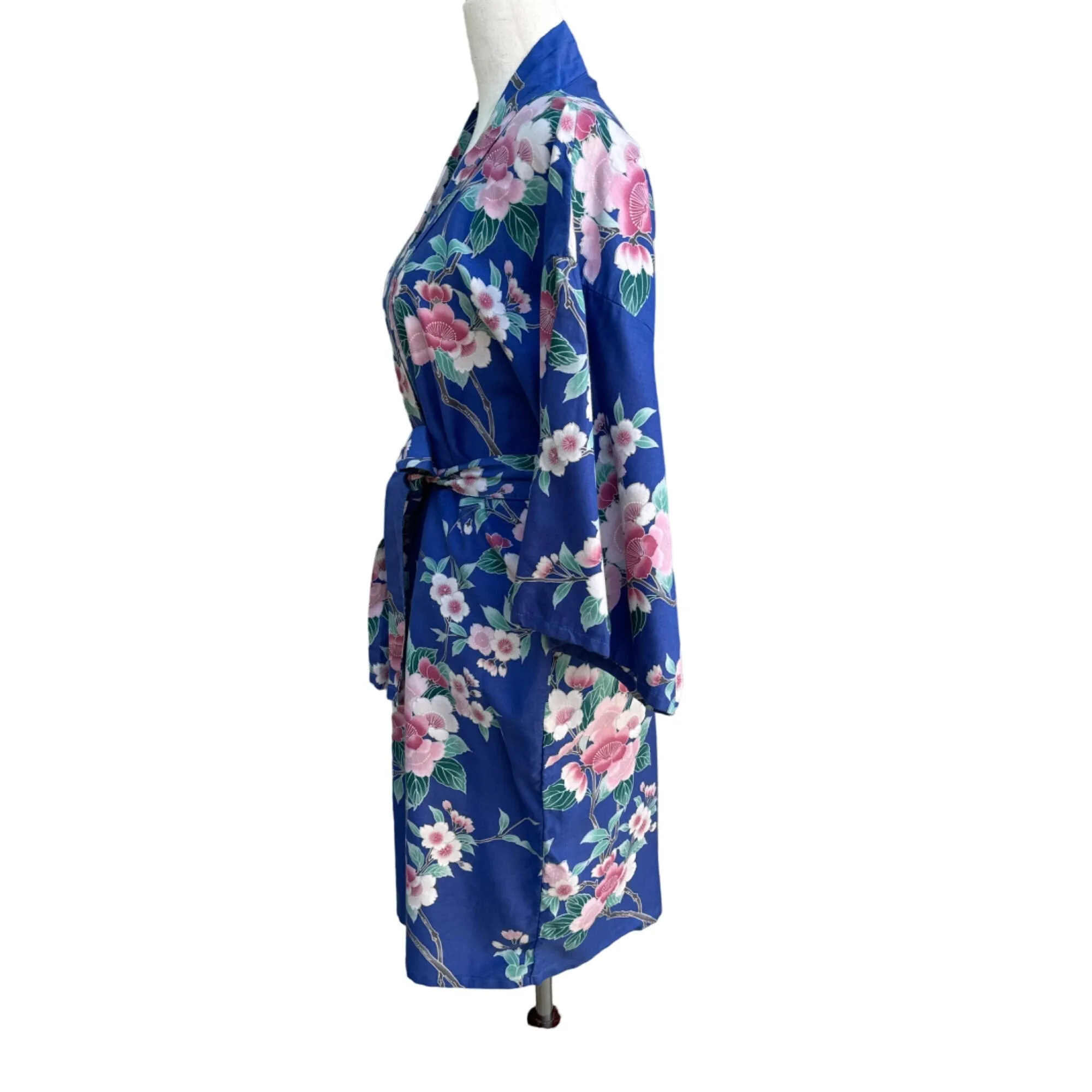 Vintage Women's Floral 3/4 Sleeves Belted Lightweight Mid Length Kimono Robe - L