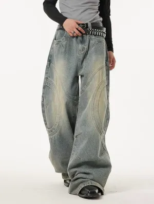 Washed Curved Stitches Wide Leg Jeans