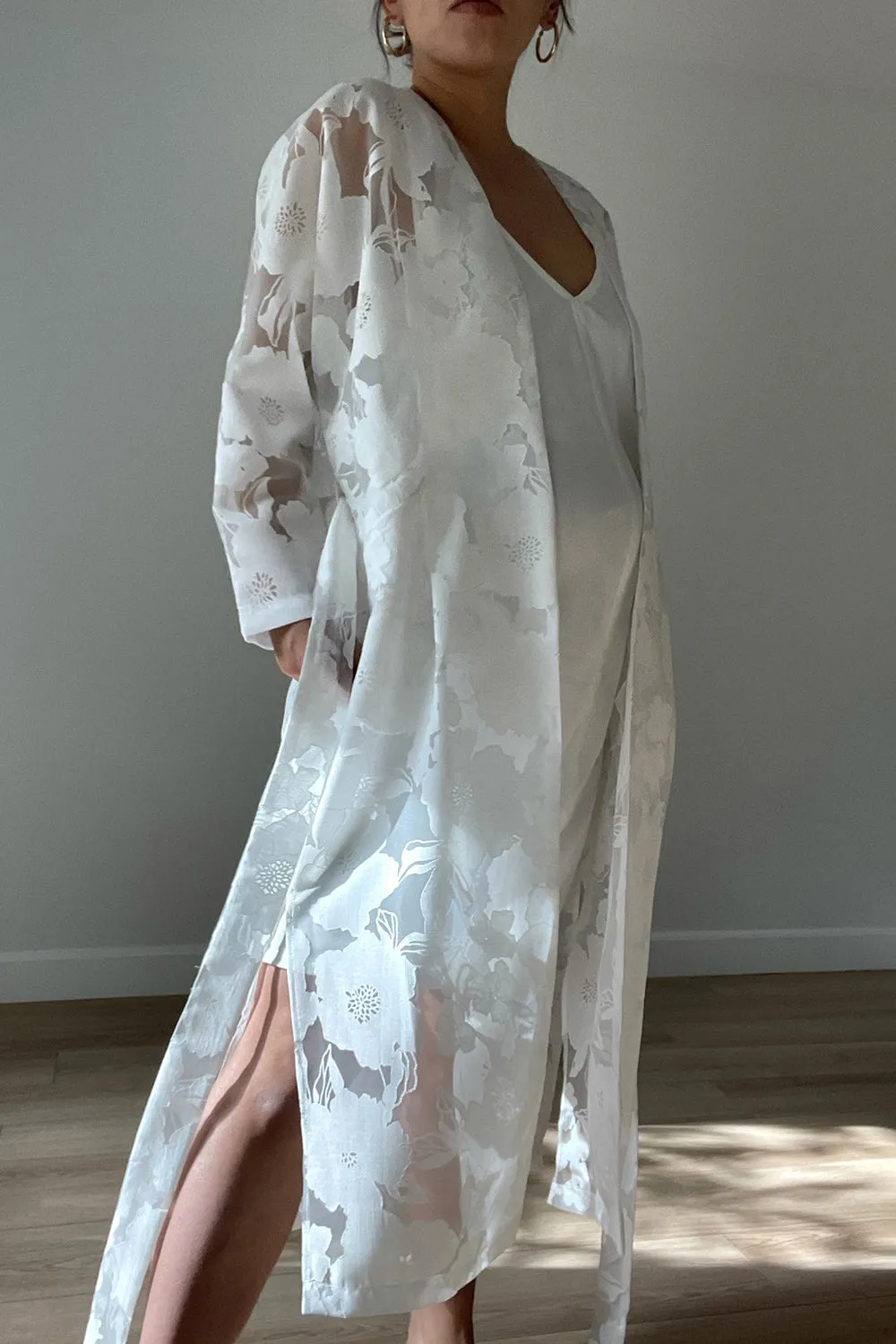 White Floral Midi Kimono Wrap