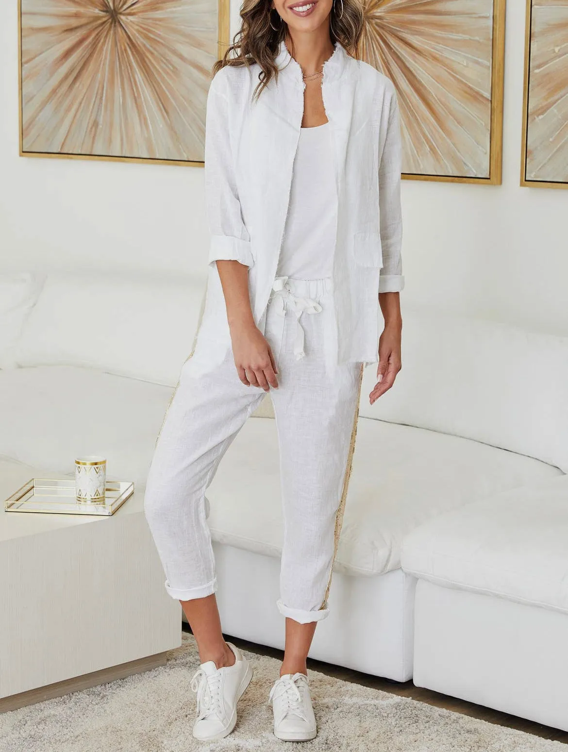 White Sequin Stripe pants in 100% Italian Linen