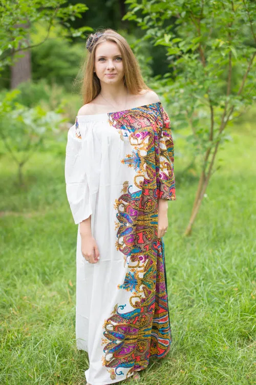 White Serene Strapless Style Caftan in Cheerful Paisleys Pattern