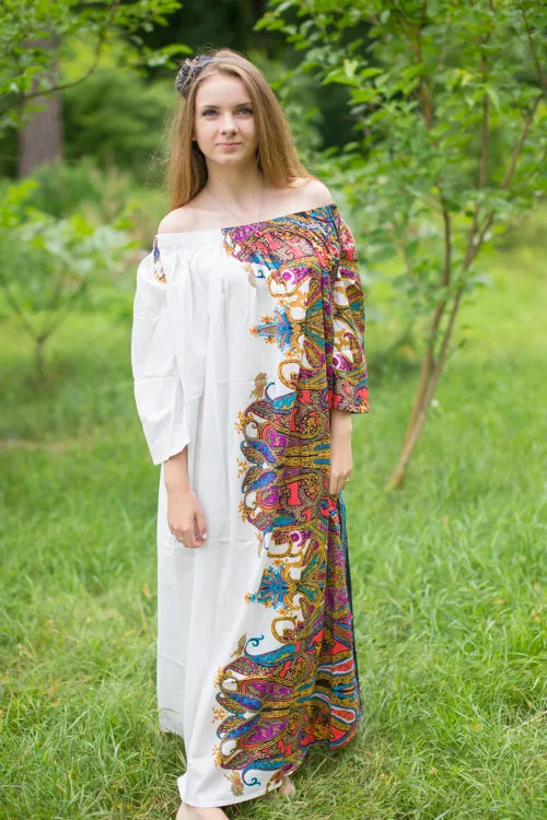 White Serene Strapless Style Caftan in Cheerful Paisleys Pattern