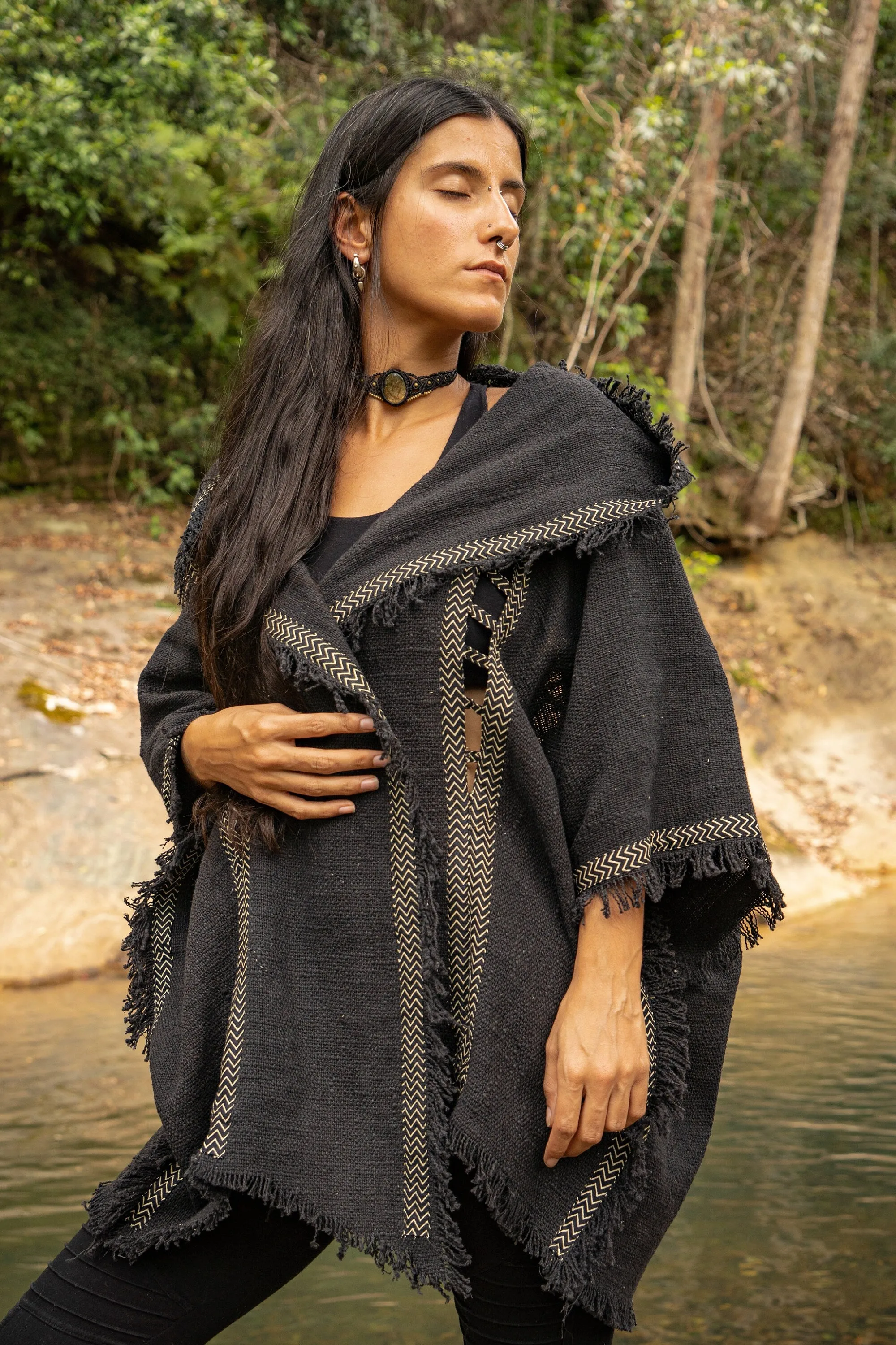 WIZARD Womens Black Hooded Kimono Vest Tribal Ritual Ceremony Shamanic Gypsy Festival Magic Ritual Alchemy Primitive Rave Boho Earthy AJJAYA