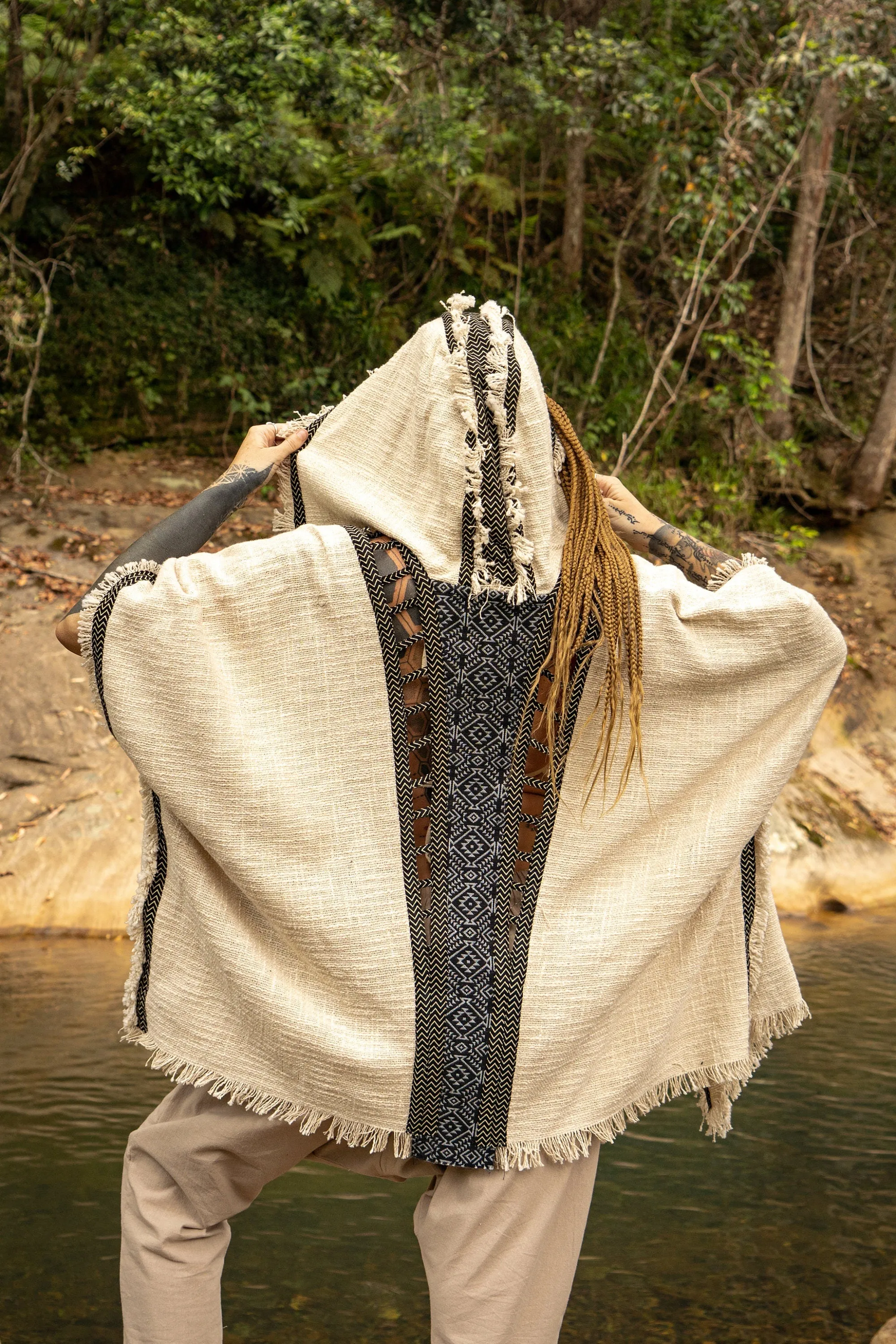 WIZARD Womens Black Hooded Kimono Vest Tribal Ritual Ceremony Shamanic Gypsy Festival Magic Ritual Alchemy Primitive Rave Boho Earthy AJJAYA