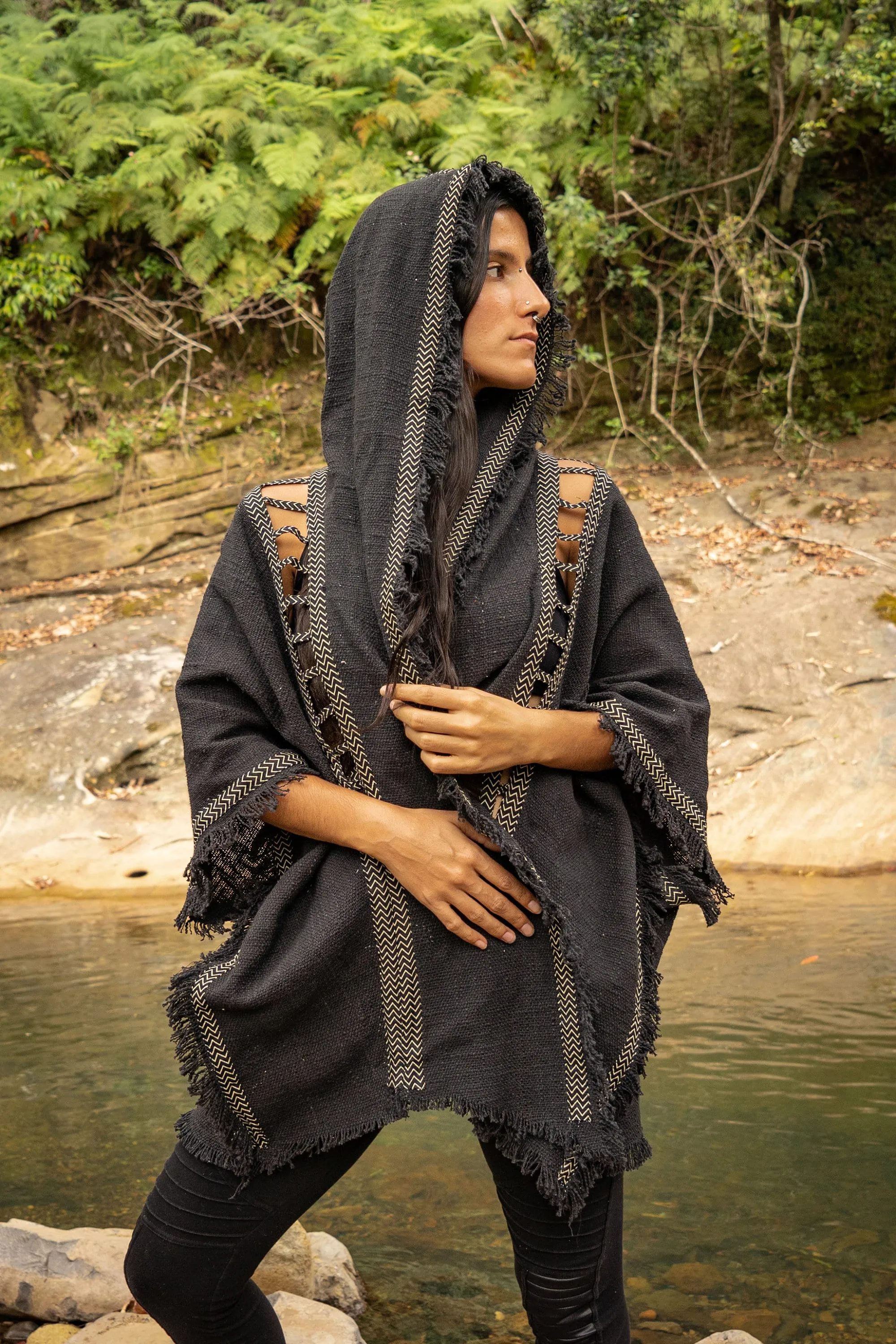 WIZARD Womens Black Hooded Kimono Vest Tribal Ritual Ceremony Shamanic Gypsy Festival Magic Ritual Alchemy Primitive Rave Boho Earthy AJJAYA