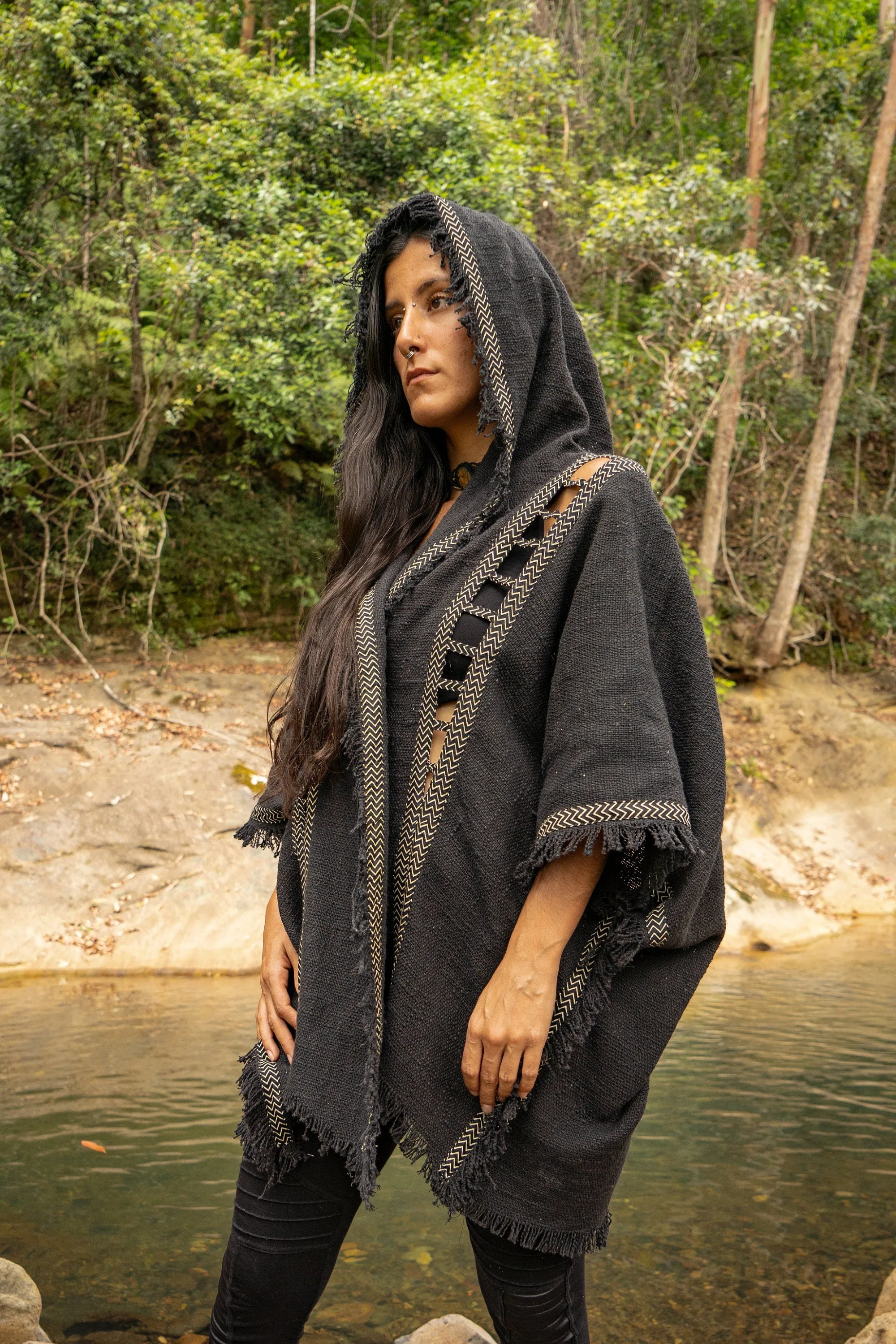 WIZARD Womens Black Hooded Kimono Vest Tribal Ritual Ceremony Shamanic Gypsy Festival Magic Ritual Alchemy Primitive Rave Boho Earthy AJJAYA