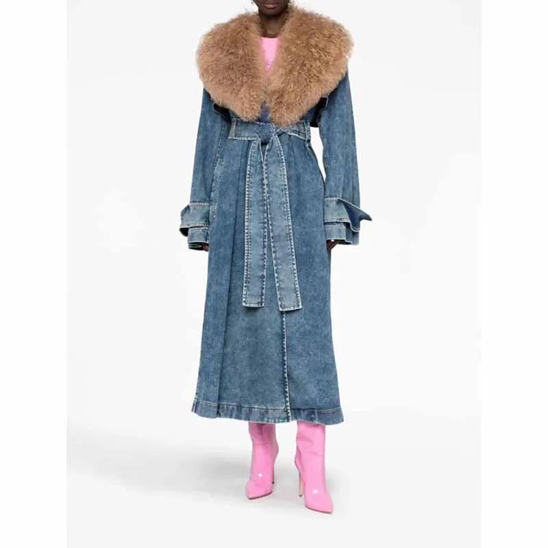 Women Denim Blue Coat With Removable Faux Fur Collar Long Length Coat Lace-Up Jacket