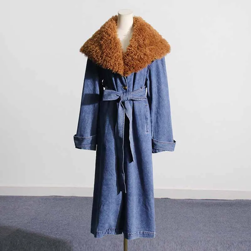 Women Denim Blue Coat With Removable Faux Fur Collar Long Length Coat Lace-Up Jacket