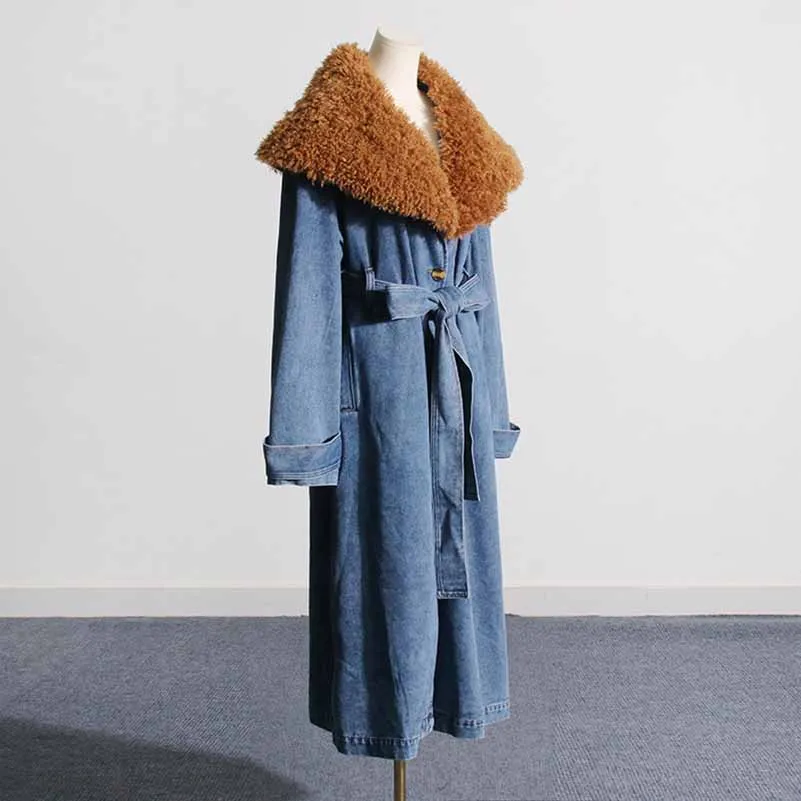 Women Denim Blue Coat With Removable Faux Fur Collar Long Length Coat Lace-Up Jacket