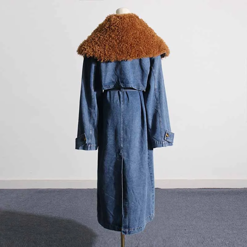 Women Denim Blue Coat With Removable Faux Fur Collar Long Length Coat Lace-Up Jacket