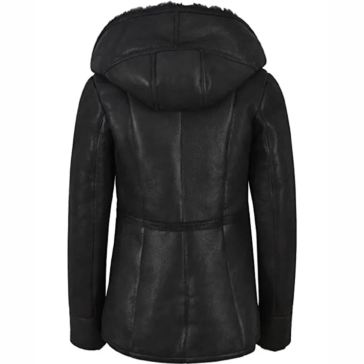 Women's Black Leather Shearling Fur Jacket with Hood