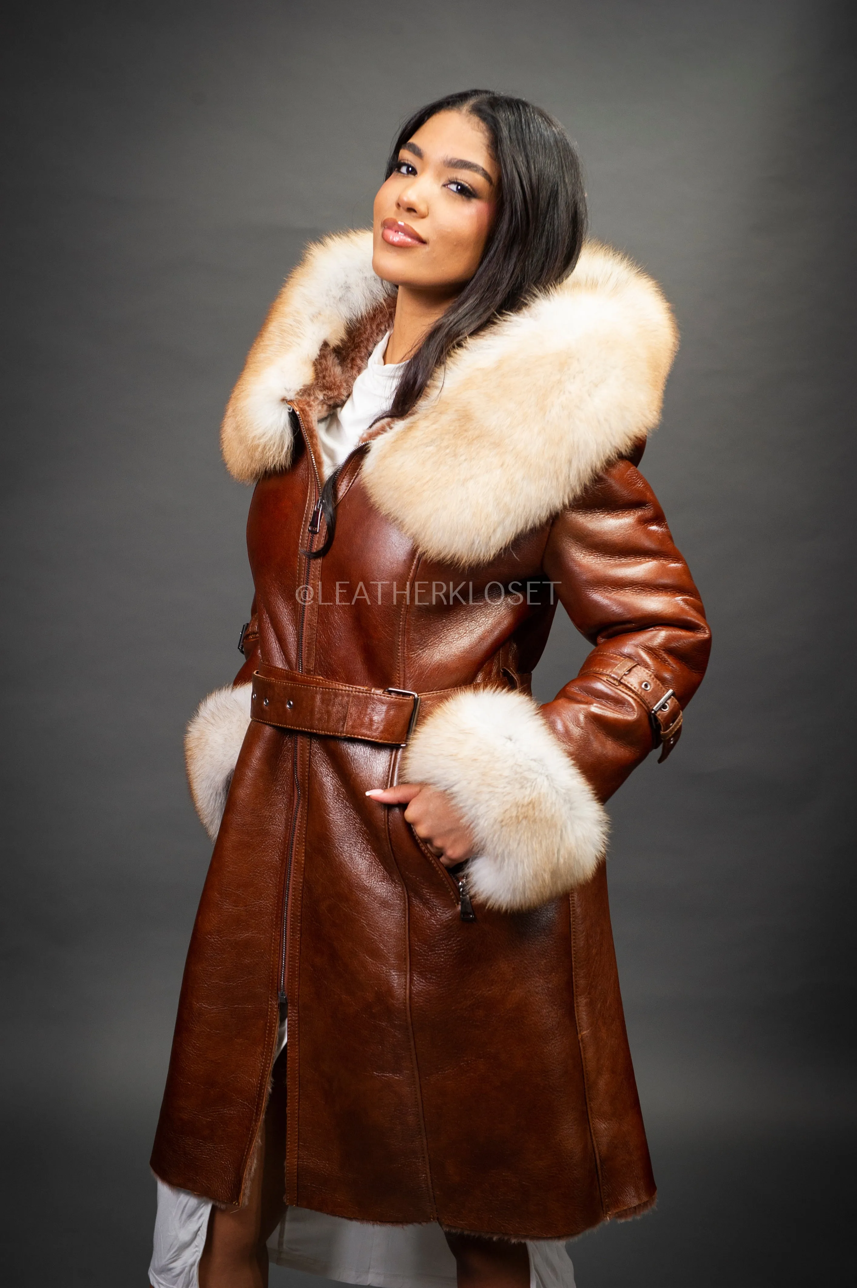 Women's Diana Shearling Sheepskin Jacket With Fox [Cognac]