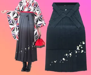 Women's Hakama - Grey to Black Gradient with White Flowers - Brand New Kimono Pants/Trousers - Washable