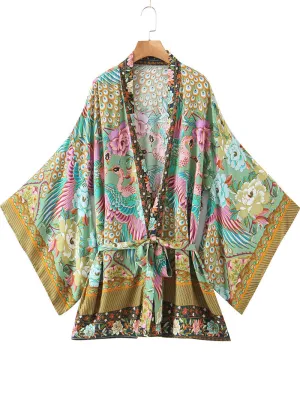 Women's Kimono Floral Birds Print Green Color Cotton Short Gown Kimono Duster