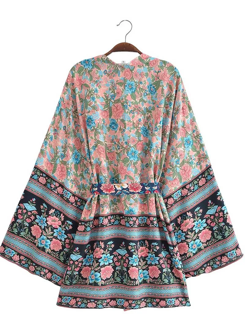 Women's Short Kimono With Floral Print Blue, Pink, & White Color Gown Kimono Robe