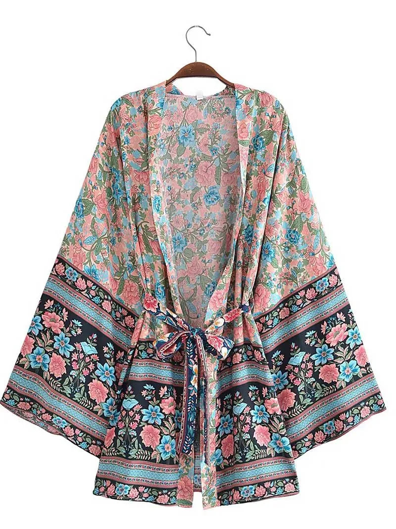 Women's Short Kimono With Floral Print Blue, Pink, & White Color Gown Kimono Robe