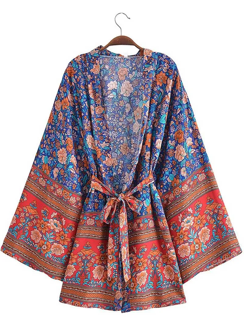 Women's Short Kimono With Floral Print Blue, Pink, & White Color Gown Kimono Robe