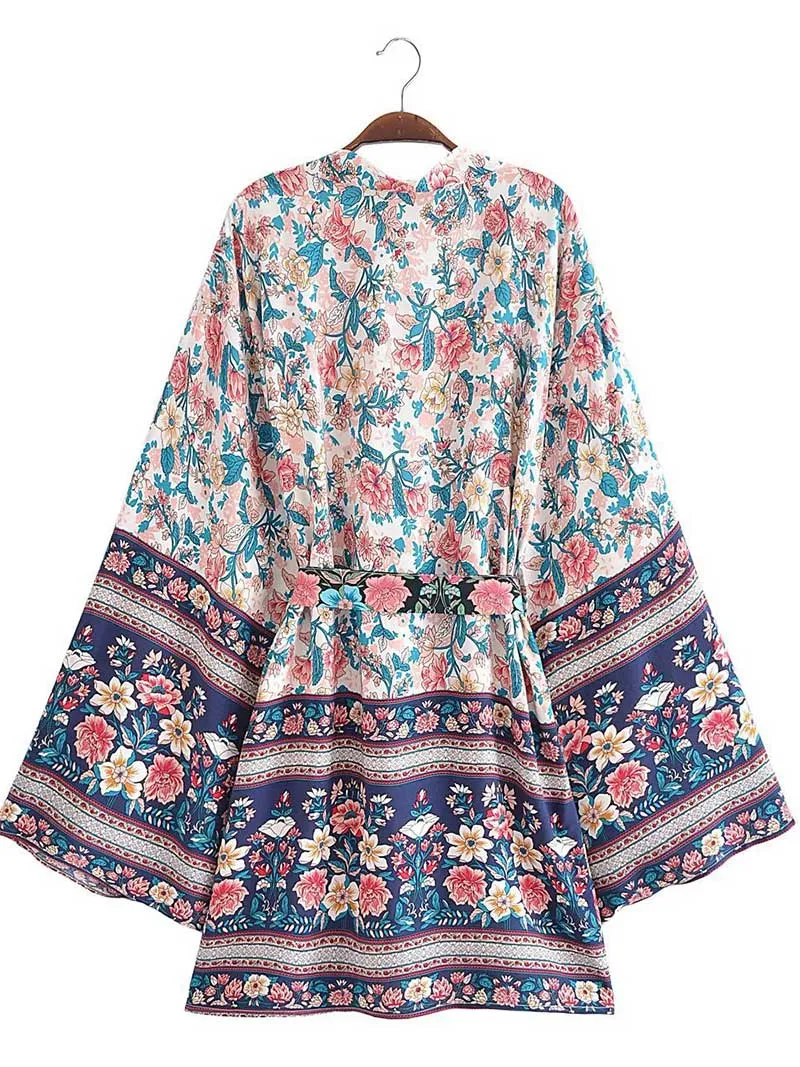 Women's Short Kimono With Floral Print Blue, Pink, & White Color Gown Kimono Robe