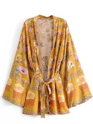 Women's Short Kimono With Floral Print Yellow Color Cotton Viscose Short Length Gown Kimono Duster Robe