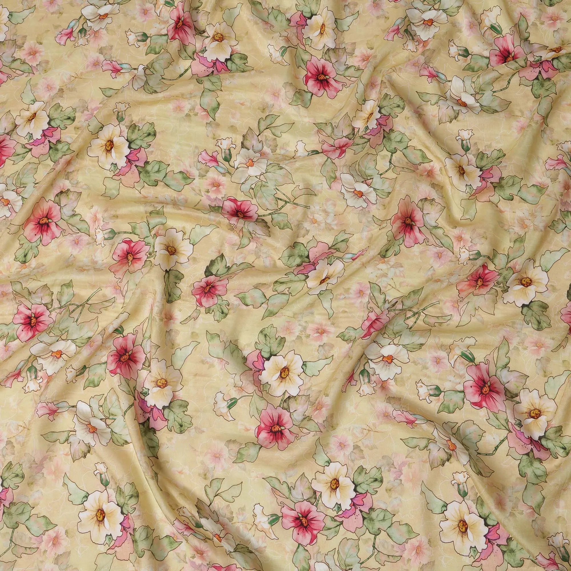 Yellow Viscose Cotton Digital Printed Fabric with Floral Design, 110 cm Width-D21340